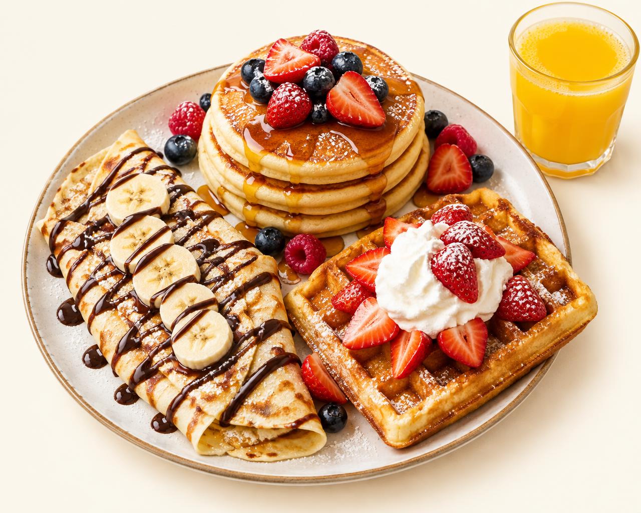 Pancakes, crêpe, gaufre et jus d'orange